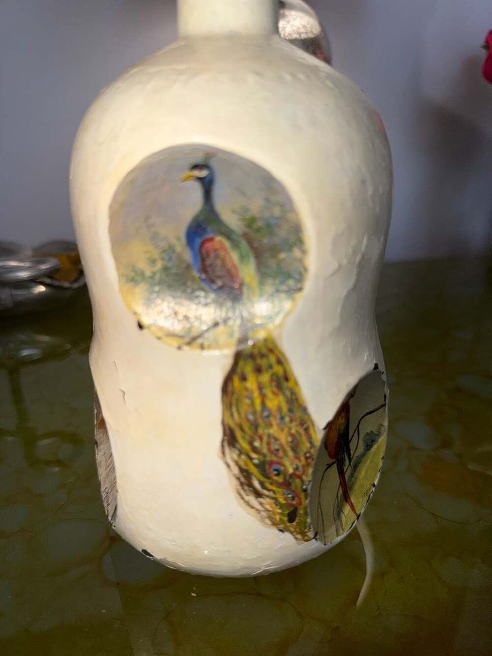 Vintage Decoupage Dimple Whiskey Bottle Scotland Art Dogs Birds
